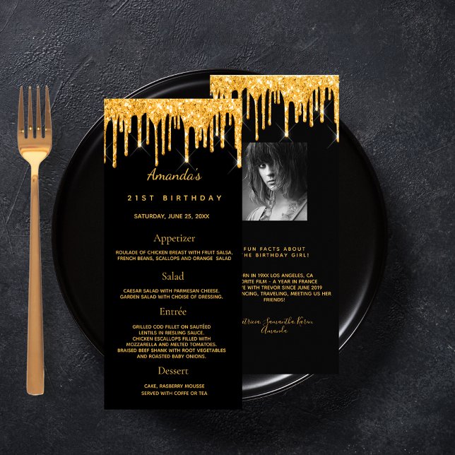 Menú de cumpleaños purpurina de foto de oro negro  (Subido por el creador)
