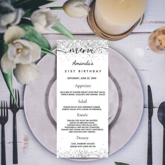 Menú de cumpleaños purpurinas de plata blanca dest (Subido por el creador)