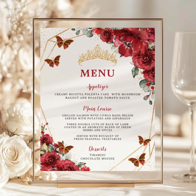 Menú de cumpleaños Quinceanera XV de flor roja pre (Subido por el creador)