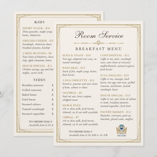 Menú de desayuno de servicio a la habitación de lu (Anverso / Reverso)
