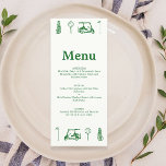 Menú de dibujos de líneas de golf verdes<br><div class="desc">Añada un toque de sofisticación deportiva a su evento especial con nuestro menú temático de golf. Perfecto para bodas, fiestas o cenas con temática de golf, en la carta encontrará elegantes ilustraciones acuáticos de clubes de golf y verdes, que le dan el encanto de la calle. Impreso en papel de...</div>