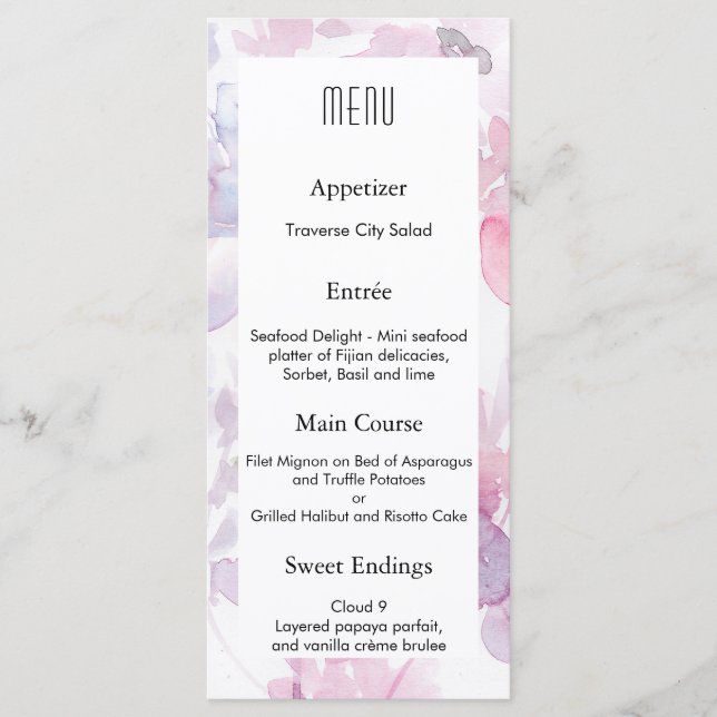 Menú de diseño de boda de delicadas flores de acua (Anverso)