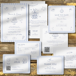 Menú de doodle francés dibujado a mano azul RSVP