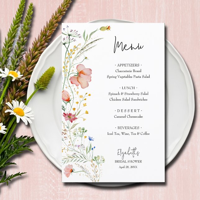 Menú de ducha de flores silvestres (Wildflowers bridal shower menu cards)