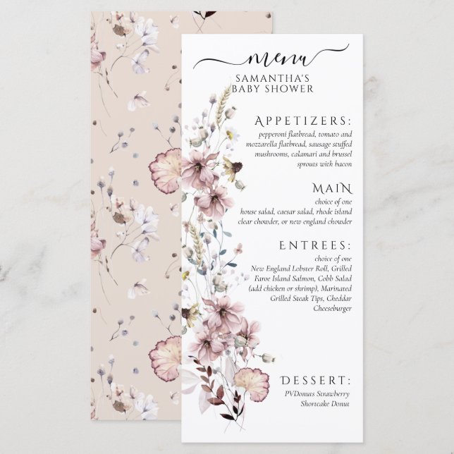 Menú de ducha de flores silvestres Boho Baby (Anverso / Reverso)