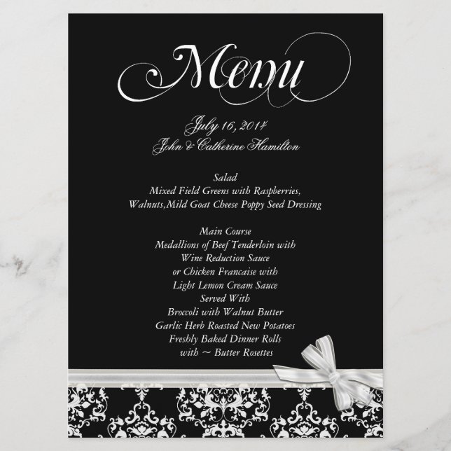 Menú de encargo blanco y negro elegante de la boda (Anverso)