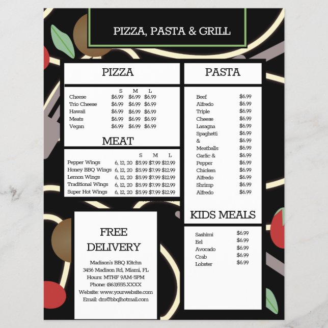 Menú de Espaguetis del Restaurante Pizza y Pasta G (Frente)