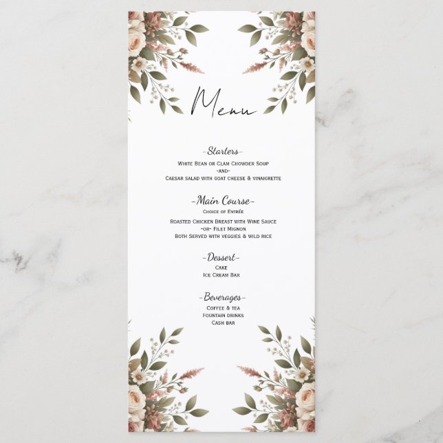 Menú de Esquina Floral Verde Oliva y Blanco Elegan (Anverso)