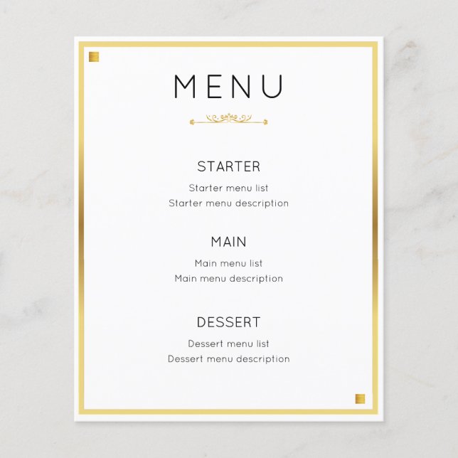 Menú de Evento de Boda con Borde Dorado de Diseño  (Anverso)