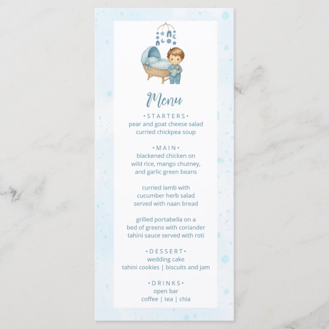 Menú de Fiesta de Baby Shower Cute Boy Blue Nurser (Anverso)