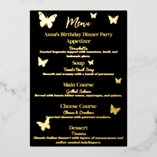 Menú de fiesta de cumpleaños con tema de mariposa