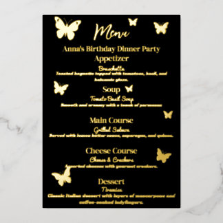Menú de fiesta de cumpleaños con tema de mariposa
