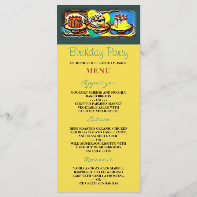 Menú de fiesta de cumpleaños de Cake Art Jazz (Anverso)