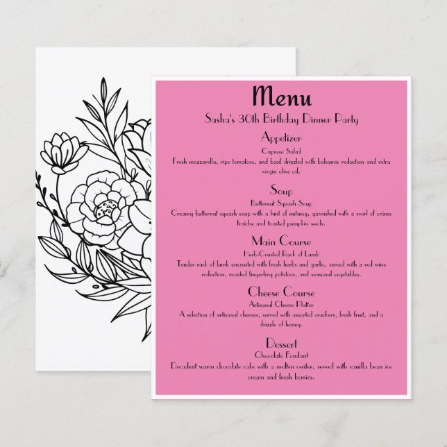 Menú de fiesta Glam Rosa Dorado (Anverso / Reverso)
