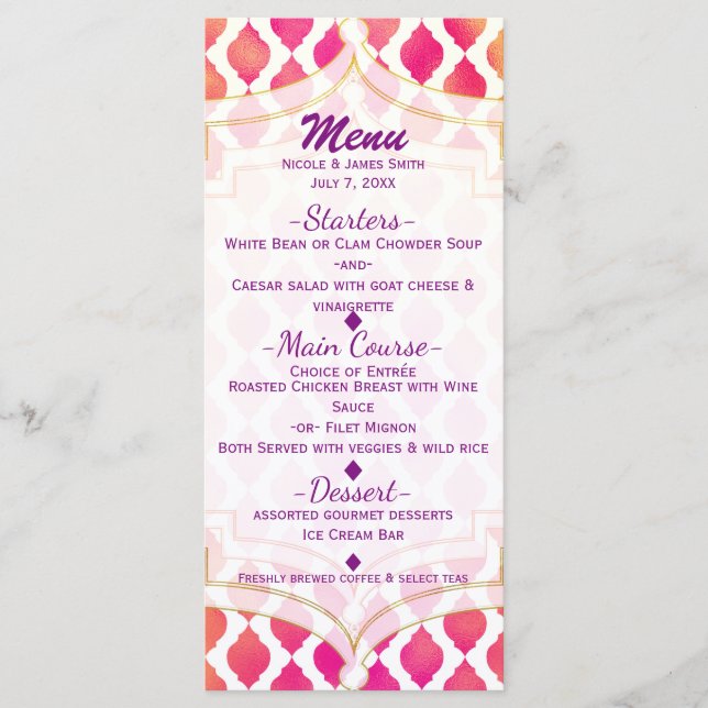 Menú de fiesta glamuroso árabe marroquí rosa y nar (Anverso)