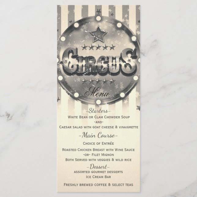 Menú de fiesta personalizado con rayas de circo vi (Anverso)
