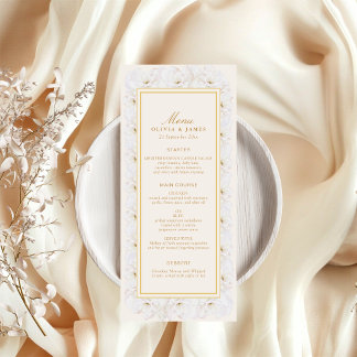 Menú de flores blancas elegantes con borde dorado 