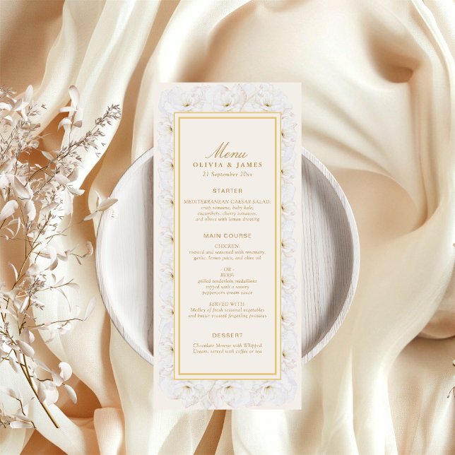 Menú de flores blancas elegantes con borde dorado  (Subido por el creador)