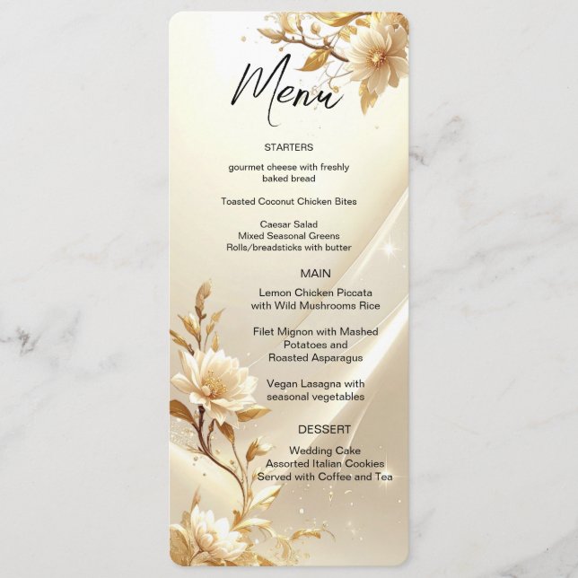 Menú de flores blancas y doradas (Anverso)