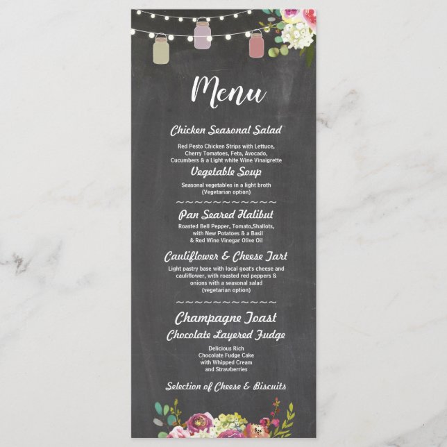 Menú de frascos Boda Recepción Rústico Tiza Floral (Anverso)