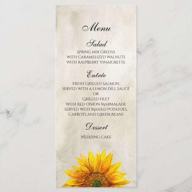 Menú de girasoles. Carta de menú de boda rústico (Anverso)