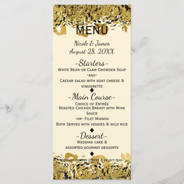 Menú de Glam de la Selva Exótica Oro y Negro (Anverso)