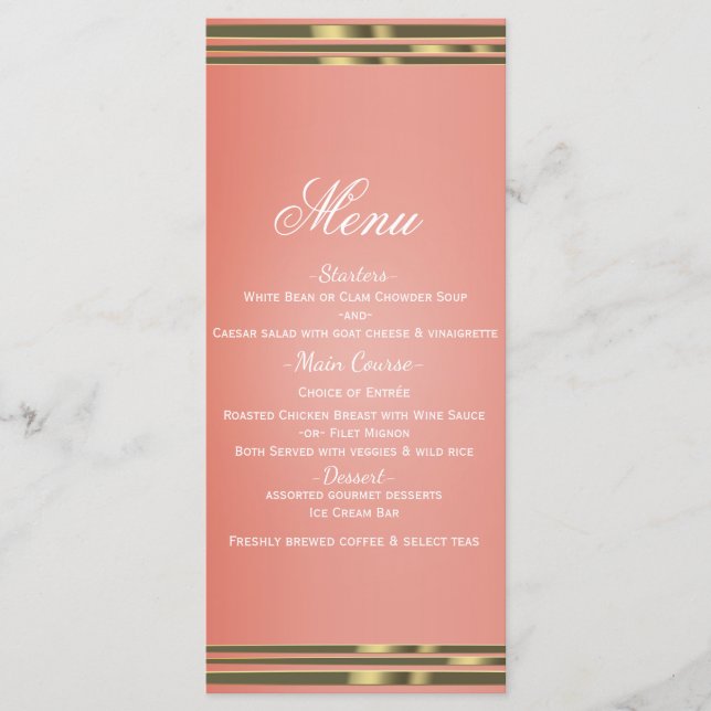 Menú de Invitación Chic Coral Melocotón y Dorado (Anverso)