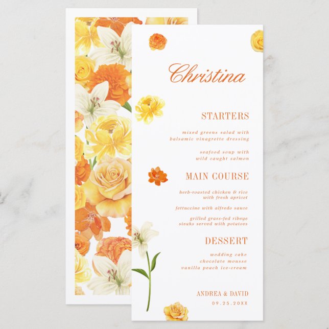 Menú de Invitados Personalizado de Flores Amarilla (Anverso / Reverso)