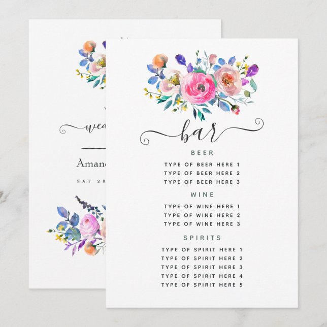 Menú de la barra de bodas de la inventiva floral d (Anverso / Reverso)