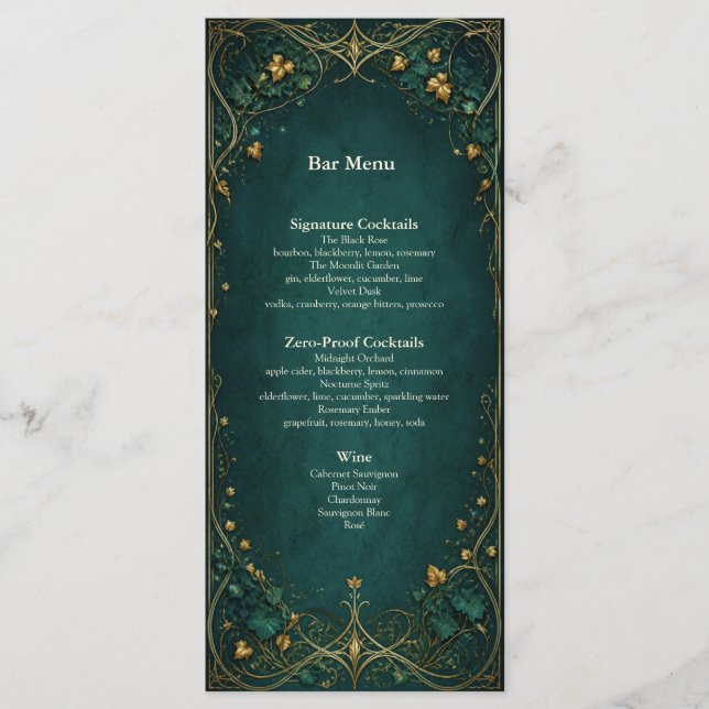 Menú de la barra de cena de boda del bosque encant (Anverso)
