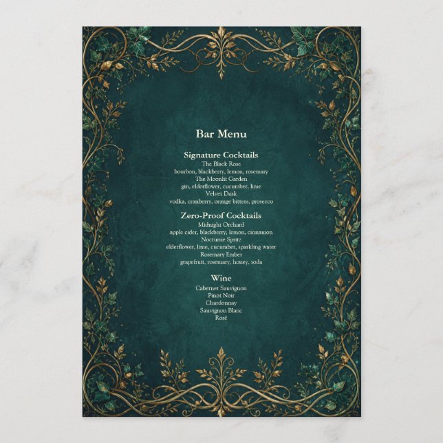 Menú de la barra de cena de boda del bosque encant (Anverso)