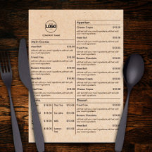 Menú de la carta de la mesa del restaurante de car
