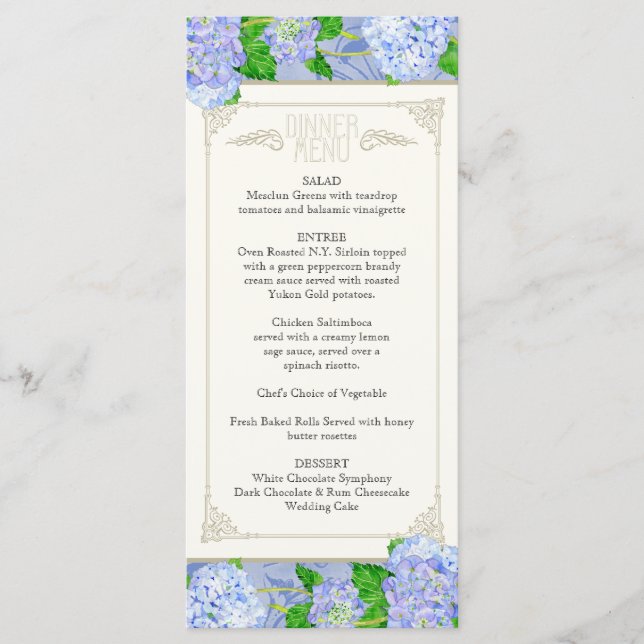 Menú de la cena Azul Hydrangea Lace Floral Formal (Anverso)