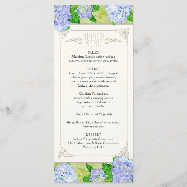Menú de la cena Azul Hydrangea Lace Floral Formal (Anverso)