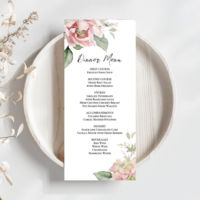 Menú de la cena de boda floral de acuarela rosa so (Elegant calligraphy script floral wedding menu card template. )