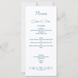 Menú de la fiesta de bodas azul vintage barroco