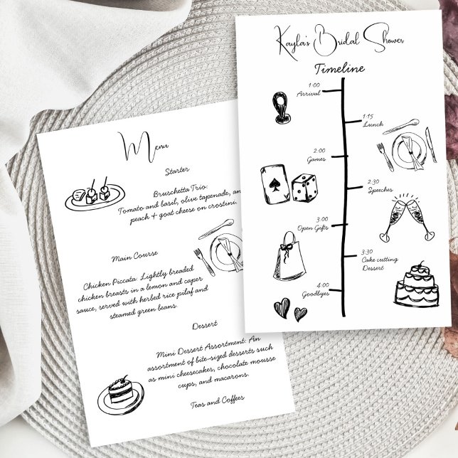 Menú de la línea de tiempo de la ducha de novia di (Hand drawn scribble sketch minimalist handwriting black and white bridal shower timeline menu card)