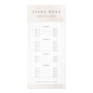 Menú de la lista de precios del salón de mármol bl
