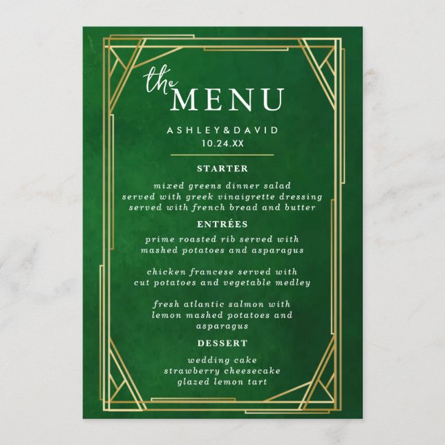 Menú de la mesa de bodas elegante Carta plana (Anverso)