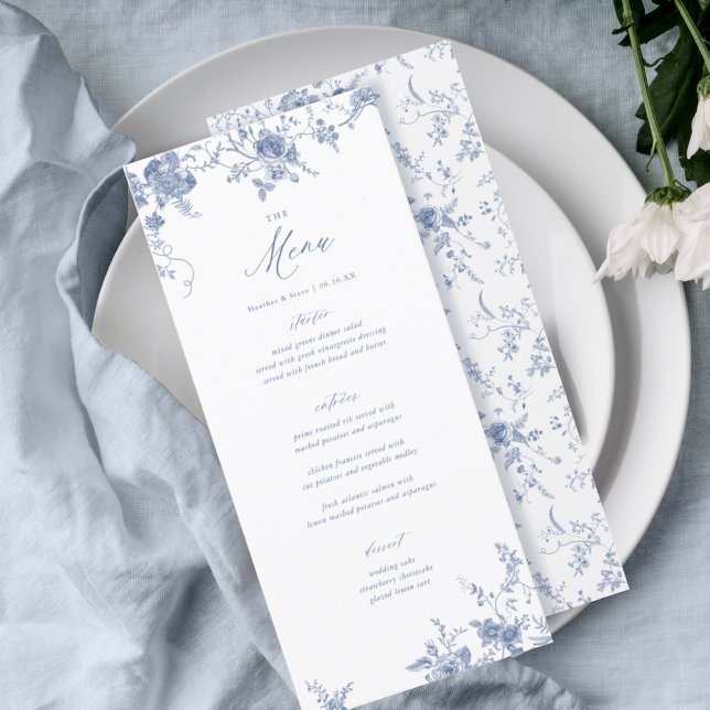 Menú de la mesa del Boda Floral Azul del Toile clá (Subido por el creador)