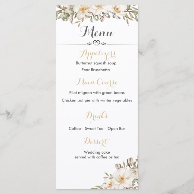 Menú de la recepción de bodas con flores de magnol (Anverso)