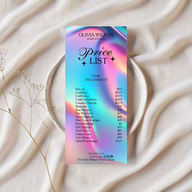 Menú de lista de precios para esteticistas holográ (Holographic Aesthetician Price List Menu)