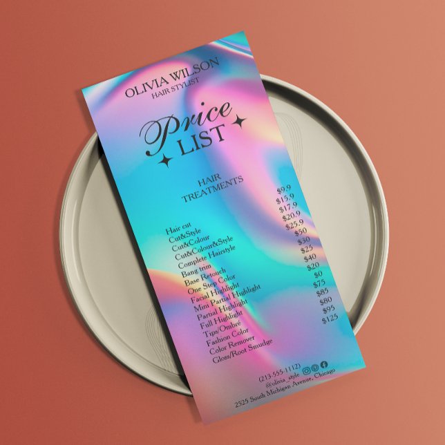 Menú de lista de precios para esteticistas holográ (Holographic Aesthetician Price List Menu)