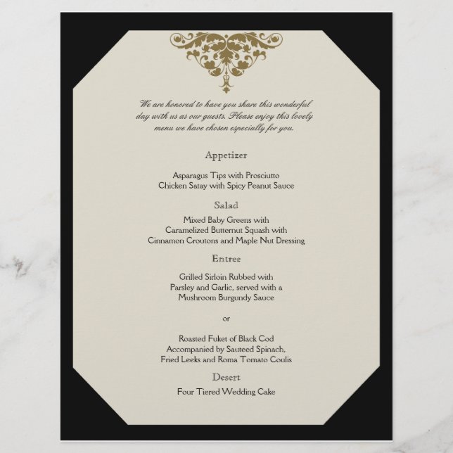 Menú de marfil: negro y oro Damask Wedding (Anverso)