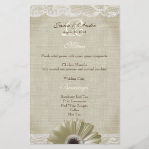 Menú de margarita y encaje de color blanco rústico