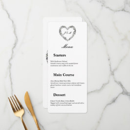 Menu de mariage en noir et blanc cœur floral