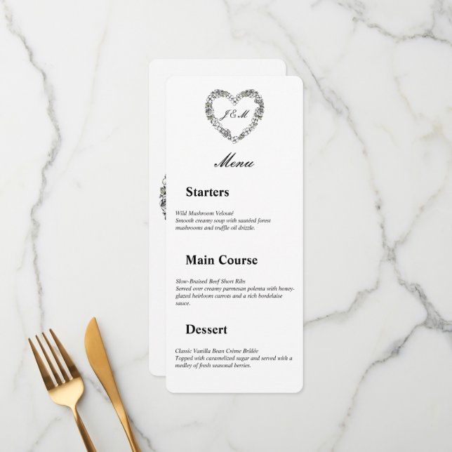 Menu de mariage en noir et blanc cœur floral (Anverso/Reverso In Situ)