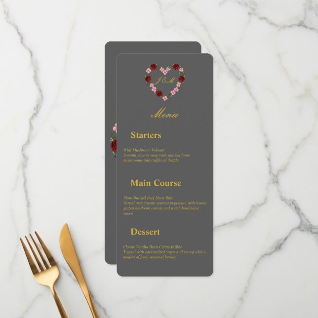 Menu de mariage gris à coeur florral (Anverso/Reverso In Situ)
