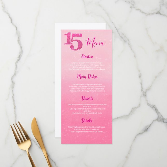 Menú de Mesa Cumpleaños Quinceañera Rosa con Brill (Anverso/Reverso In Situ)