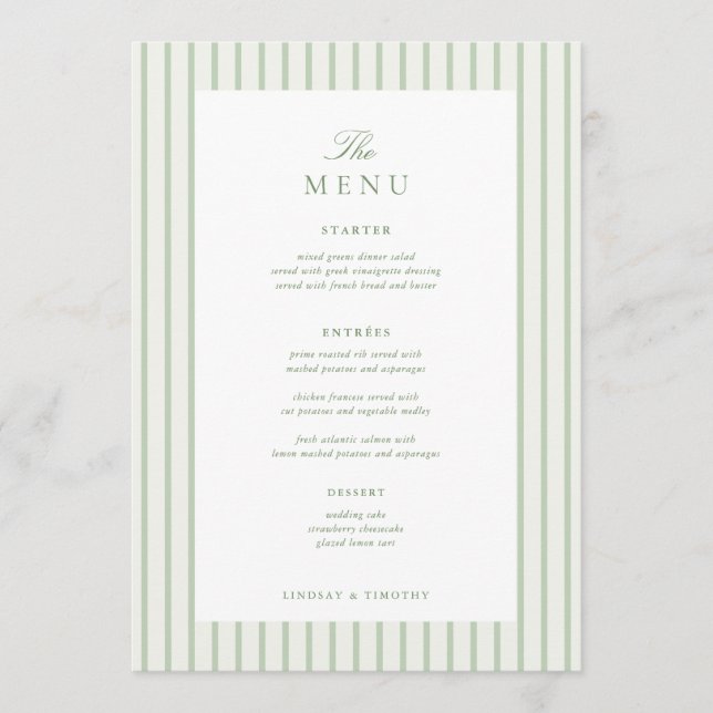 Menú de mesa de boda clásico a rayas verdes de 5x7 (Anverso)